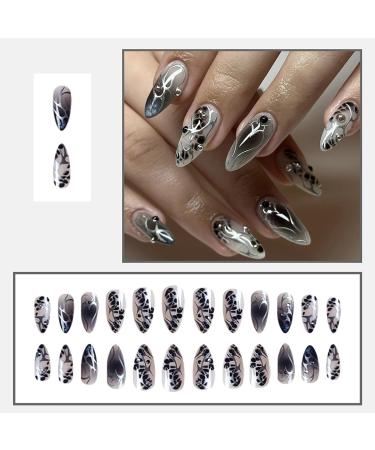 Medium Almond Press on Nails - Punk Y2K Gradient Black Fake Nails with 3D Rhinestones & Butterfly Design | Full Cover Acrylic Nail Set for Women - 24 Pcs - Buy Online on GoSupps.com