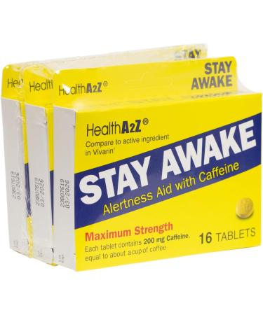 HealthA2Z Stay Awake - 200mg Caffeine Alertness Aid | Maximum Strength | 48 Tablets | 3 Packs of 16 | International Shipping Available - Buy Online on GoSupps.com