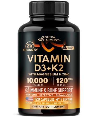 Vitamin D3 K2 - Vitamin D3 10000 iu & K2 as MK-7 120 mcg - Immune & Mood Support for Bone & Teeth Health - with Magnesium Zinc & Vitamin C & B12 - Highly Bioavailable - Made in USA 120 Capsules 120 Count (Pack of 1)