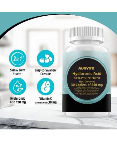 AUNVITO Hyaluronic Acid Supplements 850mg Hyaluronic Acid Advanced Joint Support with Hydrolyzed Collagen Turmeric 30 Caplets - Buy Online on GoSupps.com