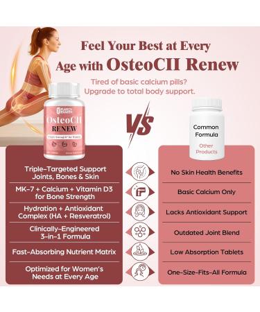 Joint Supplements for Women OsteoCII Renew Triple Strength Advanced Joint Bone & Skin Formula Collagen Glucosamine Chondroitin Calcium MK-7 Vitamin D3 Hyaluronic Acid 180 Tablets 180 Count (Pack of 1) - Buy Online on GoSupps.com