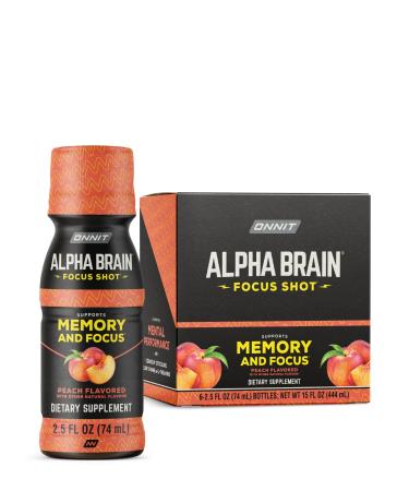 ONNIT Alpha Brain Focus Shot Peach Flavor Nootropic Dietary Supplement Drink That Supports Energy Focus and Mood IGEN Non-GMO Tested 2.5 fl oz 6 Count