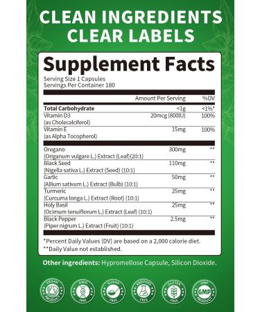 Organic Oil of Oregano Capsules with Black Seed Oil Garlic Turmeric Holy Basil Vitamin D3 E & Black Pepper for Better Absorption Immune Digestive & Respiratory Vegan Non-GMO 6 Month Supply 180 Count (Pack of 1) - Buy Online on GoSupps.com