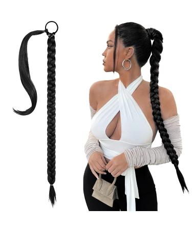 Long Braided Ponytail Extension 80cm Straight Wrap Around Hair Piece Ponytails with Hair Tie Women DIY Natural Soft Synthetic Hairpiece for Daily Wear Party High Temperature Fiber Wig Black