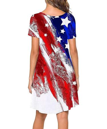 Women's Summer Star Striped Print Dress - Red; Casual Short Sleeve O-Neck Flowy Dress for 4th July & Daily Wear - Small - Buy Online on GoSupps.com