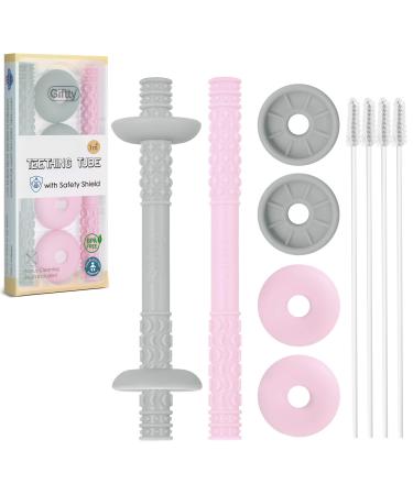 Teething Tube with Choke Proof Safety Shield Baby Hollow Teether Sensory Toys  Food-Grade Silicone for Infant 3-12 Months Boys Girls  1 Pair with 4 Cleaning Brush Included (Star & Moon  Pink+Grey)