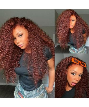 Nadula Reddish Brown Jerry Curly 13x4 Lace Frontal Human Hair Wigs With Baby Hair  10A Brazilian 3C Curly Remy Hair 33B Colored Curly Lace Front Wig Copper Red Color 150% Density Pre Plucked 24inch