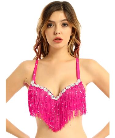 LiiYii Women's Belly Dance Push-Up Bra Latin Sequins Tassel Brassiere Tops Shirts Stage Performance Costume Hot Pink One Size