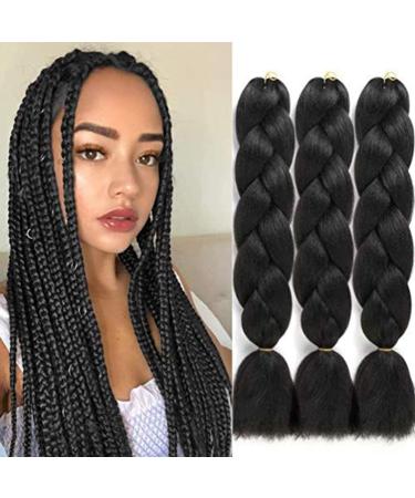 Cerisun Braiding Hair Extensions 24 Inch Kanekalon Jumbo Braid 3Pcs/Lot High Temperature Synthetic Fiber Hair Extensions for Box Braids Braiding Hair (1B) 3Packs/Lot 1B