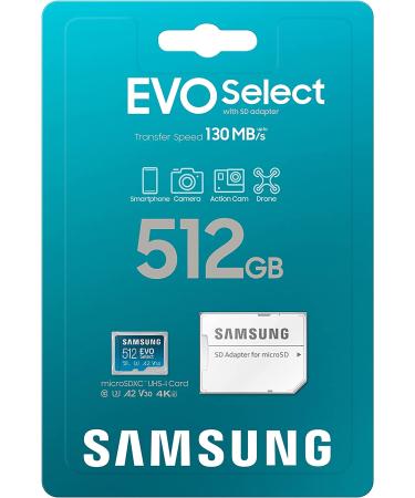 Samsung EVO Select 512GB Micro SD Memory Card + Adapter | 130MB/s | Full HD, 4K UHD, UHS-I, U3, A2, V30 | Expand Storage for Android, Tablets, Nintendo Switch - Buy Online on GoSupps.com