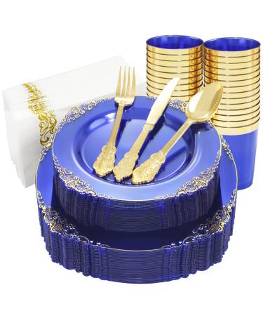 Nervure 175PCS Clear Blue Plastic Plates - Gold Plastic Plates Sets Include 25Dinner Plates, 25Dessert Plates, 25Cups, 25Forks, 25Knives, 25Spoons, 25Napkins for Weddings & Party