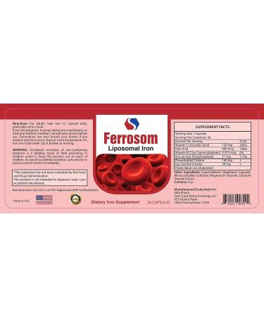 Siba Pharm Liposomal Iron Supplements | Ferrosom Dietary Iron Vitamins with Vitamin C, B12, Folic Acid | Non GMO Vegan | New Blood Cell Production | 30 Capsules - Buy Online on GoSupps.com