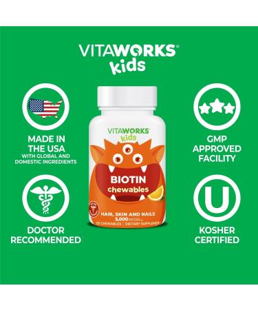 VitaWorks Kids Biotin 5000mcg Chewable Tablets - Natural Orange Flavor - 120 Chewables for Hair, Skin, Nails - Vegan, GMO-Free, Gluten-Free - Buy Online on GoSupps.com