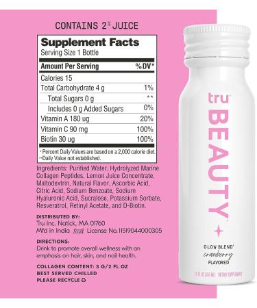 Tru Beauty Liquid Collagen Peptides Shots (12-Pack) with Biotin, Hyaluronic Acid, Vitamin C & A - Cranberry Flavored, 2 Fl Oz Each (Pack of 12) - Buy Online on GoSupps.com