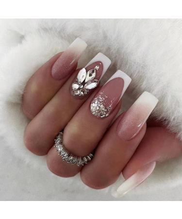 JUSTOTRY 24 Pcs False Nails Long with Jewels Milky French Press on Nails Patterns Glossy Ballerina Stick on Nails for Women Acrylic Coffin Fake Nails Medium with Glue for Nail Art milky& Jewels1 - Buy Online on GoSupps.com