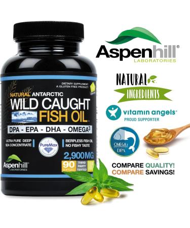 Aspen Hill Labs Wild Caught Omega Fish Oil 2900 mg - Omega-3-90 Soft Gels 30 Servings - High-Potency DPA EPA & DHA - Non-GMO Burp-Free - Buy Online on GoSupps.com