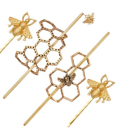 4 Pieces Bee Accessories 2 Pieces Hollow Geometric Bee Honeycomb Hair Clips and 2 Pieces Bee Hair Pin Clips Dainty Alloy Metal Bee Hair Twist Bun Hair Stick Headpieces for Women Girls (Gold)