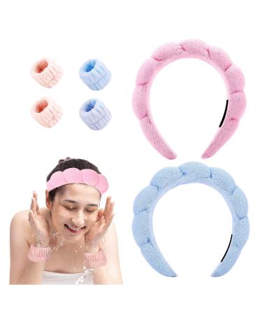 6 PCS SPA Headband for Washing Face  Wrist Washband  Soft and Comfortable  Makeup  Skin Care  Shower  Hair Care Accessories for Women Girls  Prevents Liquid From Flowing Down The Arm(Pink and Blue)