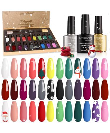 Lavender Violets 21 Pcs Gel Nail Polish Set Solid Classical Colours Soak Off UV LED Nails Varnish With Base Coat Glossy n Matte Top Coat Nail Art Manicure Salon Styling New Year Golden Gift Box #21 Surprise Golden Box