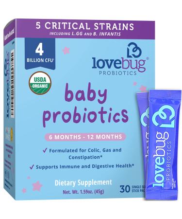 LoveBug Probiotics Baby Probiotics Tiny Tummies Daily Probiotic + Prebiotic 6-12 Mo. 4 Billion CFU 30 Single Stick Packs 0.05 oz (1.5 g)