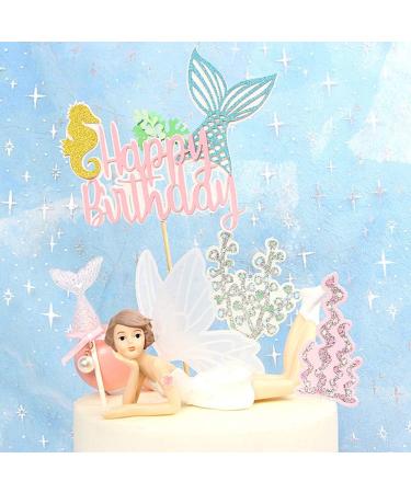 Mermaid Cake Topper Happy Birthday Cake Picks Glitter Shell Cupcake Topper Mermaid Cake Decoration for Mermaid Baby Shower Birthday Party Supplies - Buy Online on GoSupps.com