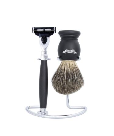 PLISSON 3-piece shaving set made of beech wood with shaving brush made of high-quality badger hair Size 12 Incl. 3-blade razor and holder For wet shaving Made in France