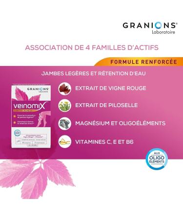 GRANIONS | Veinomix | Promotes the sensation of light legs and limits water retention | Red Vine + Piloselle + Vitamins & Trace Elements | French Brand | 60 Tablets - Buy Online on GoSupps.com