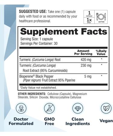 TurmericBP+ Turmeric Curcumin with Black Pepper Extract 655mg - High Absorption Turmeric Supplement with 95% Curcuminoids & BioPerine-Tumeric Capsules for Inflammation Support - 30 Caps 1 Month Supply - Buy Online on GoSupps.com