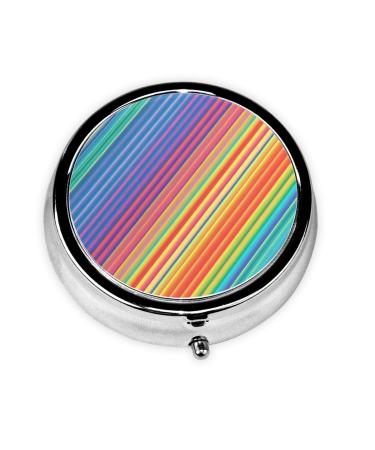 Rainbow Colored Lines Portable Metal Pill Box Round Mini 3-Compartment Plastic Insert hinged Fastening Design Suitable for Small Pills Must-Have for Travel Black