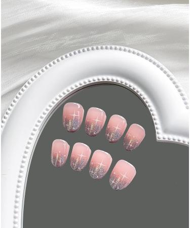 Summer Glitter French Tip Short Round Press on Nails - 24 Pcs with Stars Designs | Glossy False Nails for Women and Girls - Includes Nails Glue | Artificial Acrylic Full Cover False Nails - Style1 - Buy Online on GoSupps.com
