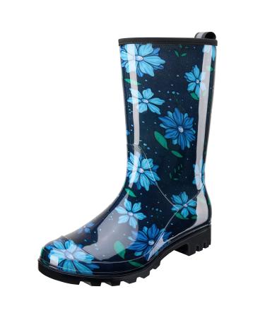 HISEA Women's Rain Boots Waterproof Rubber Rain Shoes for Ladies Mid Calf Garden Boots with Comfort Insole 8 Blue Flower
