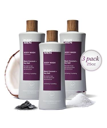 RAW SUGAR 3-Pack Body Wash Men - Black Coconut + Sea Salt Exfoliating and Hydrating Body Wash Formulated without Parabens Cruelty Free and Vegan