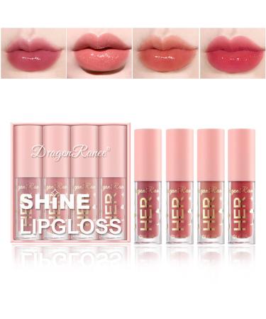 4 Pcs Glossy Lip Gloss Lipgloss Set Lip Stain Long Lasting Waterproof Moisturizing Lip Gloss Kit Plumping Nude Liquid Lipstick for Women - Set A