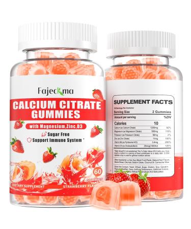 Calcium Citrate Gummies for Women Men: 1200 Calcium Magnesium Zinc with Vitamin D3 B6 Supplement for Adult - Vegan High Absorption Chewable Gummy Energy Support Sugar Free(120Count) Strawberry 60 Count (Pack of 2)