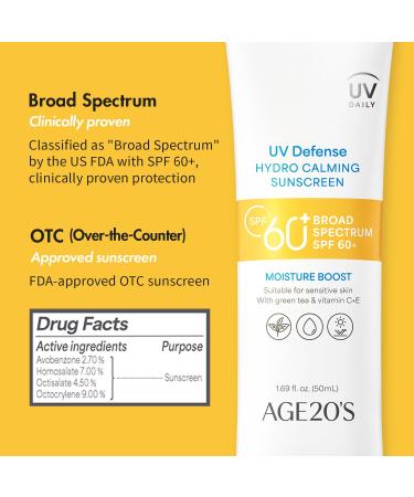 AGE20'S UV Defense Hydro Calming Sunscreen SPF 60+ | Korean Sunscreen | Moisturizing Creamy Formula No White Cast Lightweight Finish | Green Tea + Aloe Vera | Dermatest Excellent | 1.69 fl.oz*1 1.69 Fl Oz (Pack of 1) - Buy Online on GoSupps.com
