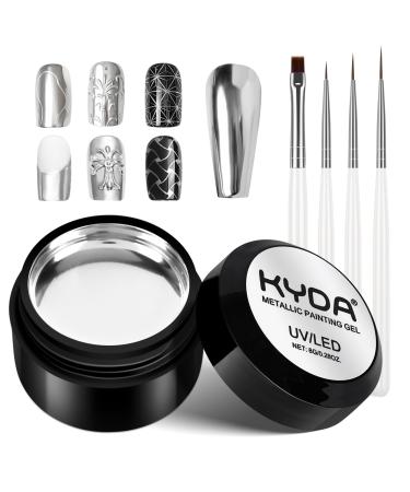 KYDA Silver Chrome Metallic Nail Polish Gel with Brush Metal Mirror Nails Effect Reflective Metal Painting Gel High Glossy Soak off UV/LED DIY Nail Art