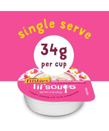 Friskies Lil' Soups Cat Food Complement Sockeye Salmon in a Velvety Chicken Broth - 34 g Cup (8 Pack) Sockeye Salmon in Chicken Broth - Buy Online on GoSupps.com