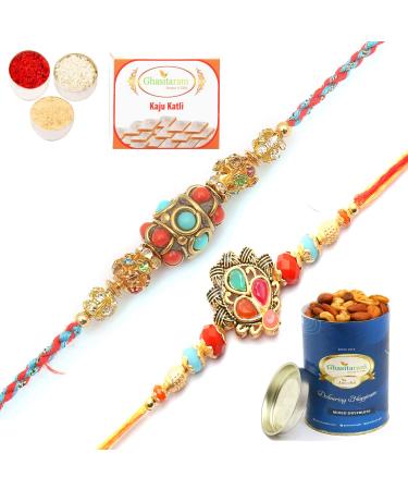 Ghasitaram Gifts Rakhi for Brother Rakhis Online - Set of 2 Beautiful Colours and Blue Ethnic Premium Rakhis with 100 GMS of Dryfruits Mix Can 200 GMS of Kaju katli