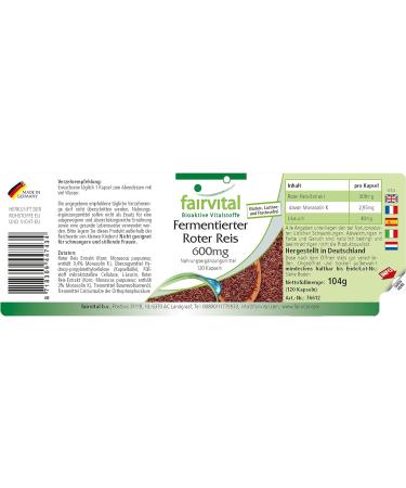 Fairvital Fermented Red Rice 600mg Capsules | High-Dosage Monascus purpureus with 2.95mg Monacolin K | Vegan | 120 Capsules - Buy Online on GoSupps.com