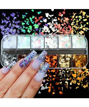 Holographic Nail Glitter Flakes | 12 Grids 3D Irregular Sequins | Shiny Gold & Silver Nail Art Supplies | Vintage Glitter for UV Gel Nails Design - Buy Online on GoSupps.com