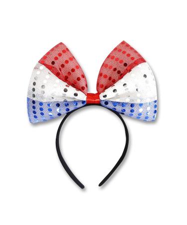 4th of July Headband Bow Hair Band with Sequins Independence Day Headwear Patriotic Hair Hoop American Red White Blue Hair Accessories Fourth of July Hair Supplies for Parade Party Decorations 1Pcs