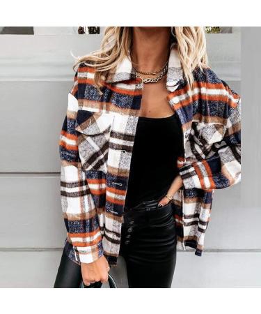 Geilisungren Women's Casual Long Sleeve Button Wool Plaid Shirt - Turn-Down Collar Jacket Thin Wool Coat Blouse - XL Blue - Perfect for All Seasons - Buy Online on GoSupps.com