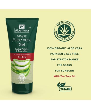 Aloe Pura Organic Aloe Vera Gel with Tea Tree Natural Vegan Cruelty Free Paraben & SLS Free Cooling Purifying 200 ml With tea tree oil 200 ml (Pack of 1) - Buy Online on GoSupps.com