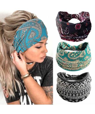 Zoestar Boho Width Terraps black yoga headscarves vintage-printed hair bands knotted turban headwraps stylish elastic thick bandeau hair decoration for women and girls (3 pieces) - Buy Online on GoSupps.com