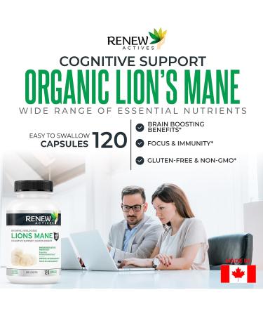 Renew Actives Premium Organic Lion's Mane Mushroom - Supports Brain Function Memory Focus Stress Relief and Immune Health Gluten-Free Non-GMO Vegan Made in Canada - 120 Capsules (2pk) 120 count (Pack of 2) - Buy Online on GoSupps.com
