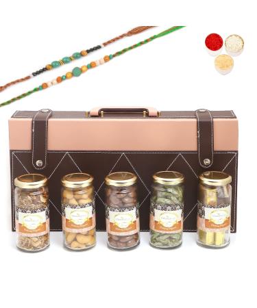 Ghasitaram Gifts Rakhi Gifts for Brothers Signature Wooden Box Wooden with 5 Assortments with 2 Green Beads Rakhis Box with 5 Assortments with 2 Rakhis