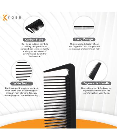 Kobe Pro Carbon Fibre Cutting Comb - Long & Parting Teeth, Anti-Static, Shatter-Proof - Ideal for Barbers & Hairdressers - Afro & Beard Comb - 22cm - Buy Online on GoSupps.com