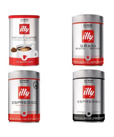 Illy Blend 100% Arabica Espresso Instant Smooth Coffee Pick N Mix - Choose From 4 Flavours | Illycaffe Beans Classic Ground & Dark Instant-Coffee Ideal for Italian Espresso-Grani-Beans | Pack of 4