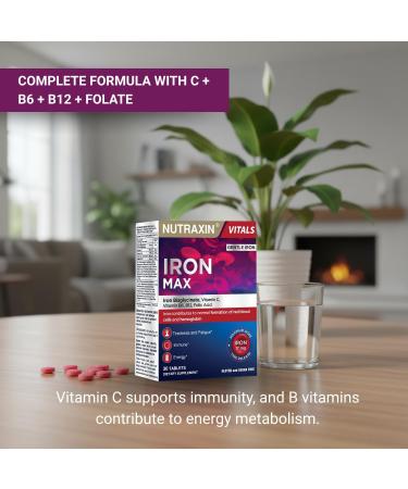 Nutraxin Iron Max 17mg 30 Tablets with Iron Vitamin C B6 B12 and Folic Acid - Buy Online on GoSupps.com