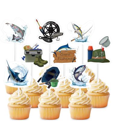 JarThenaAMCS 36Pcs Fish Party Dessert Cupcake Toppers 9 Styles Fishing Gear Rod Paper Cupcake Picks Go Fishing Theme Decorations for Fisherman Party Decor Supplies